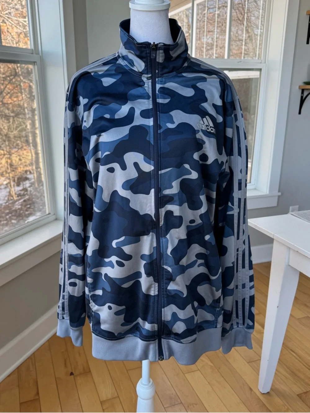 Adidas Essentials Blue Gray Camouflage Camo Track Jacket Size Large Unisex